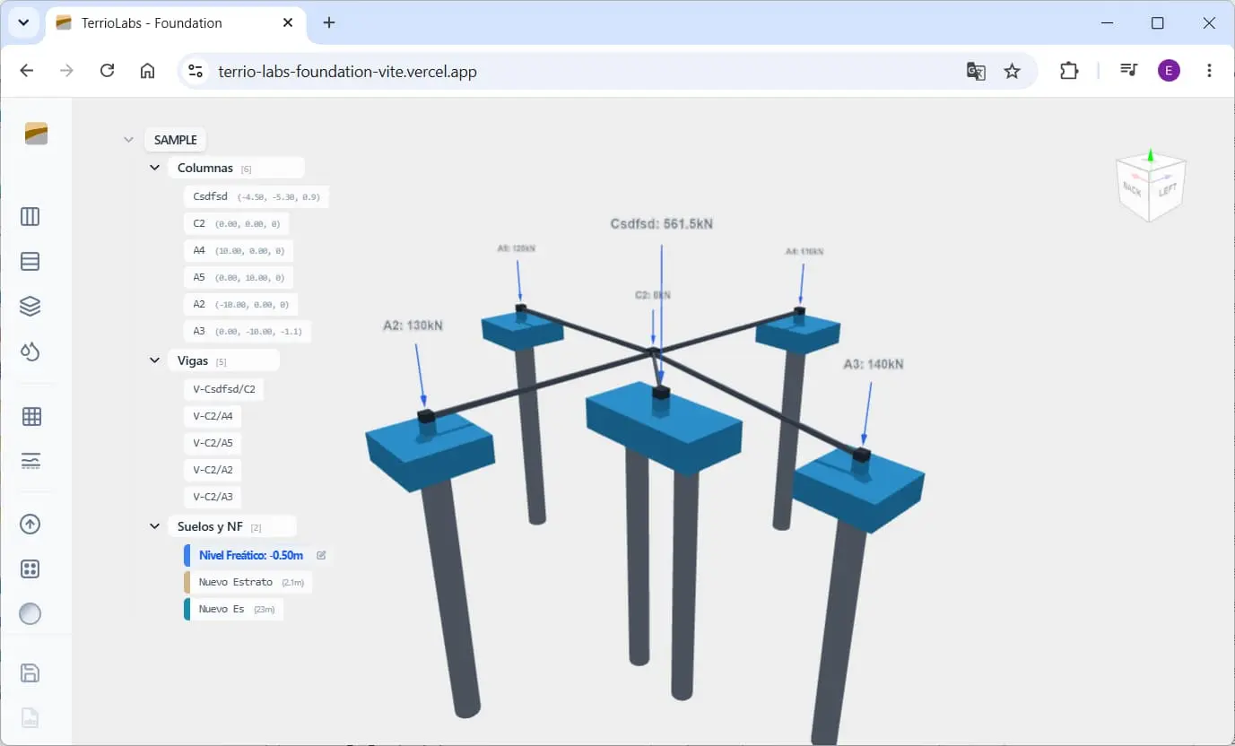 Workspace 3D de TerrioLabs Foundation con columnas, vigas, dados y pilotes asignados