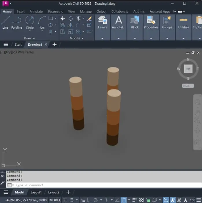 Plugin de TerrioLabs generando perfiles 1D en AutoCAD