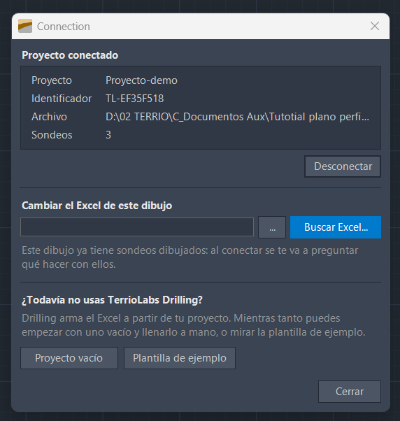 El diálogo Connection con un proyecto conectado: la ficha muestra proyecto, identificador, archivo y cantidad de sondeos, y debajo la sección para cambiar el Excel del dibujo