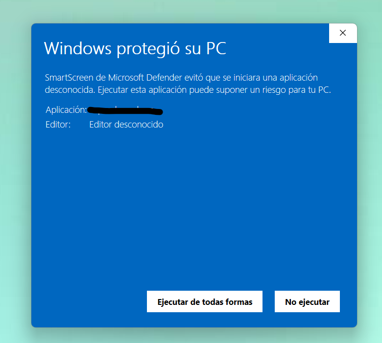 La misma ventana tras pulsar "Más información": ahora muestra Aplicación y Editor desconocido, y agrega el botón "Ejecutar de todas formas"