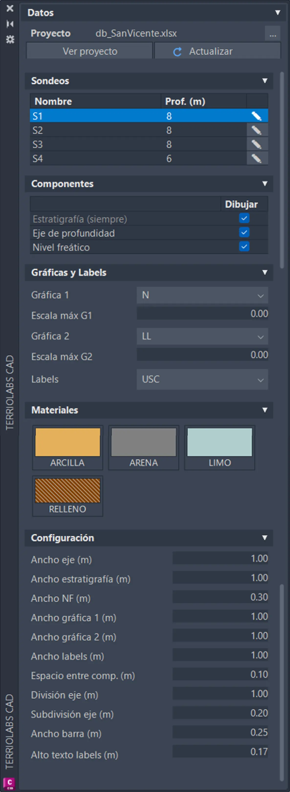 Paleta acoplable de TerrioLabs 1D en AutoCAD