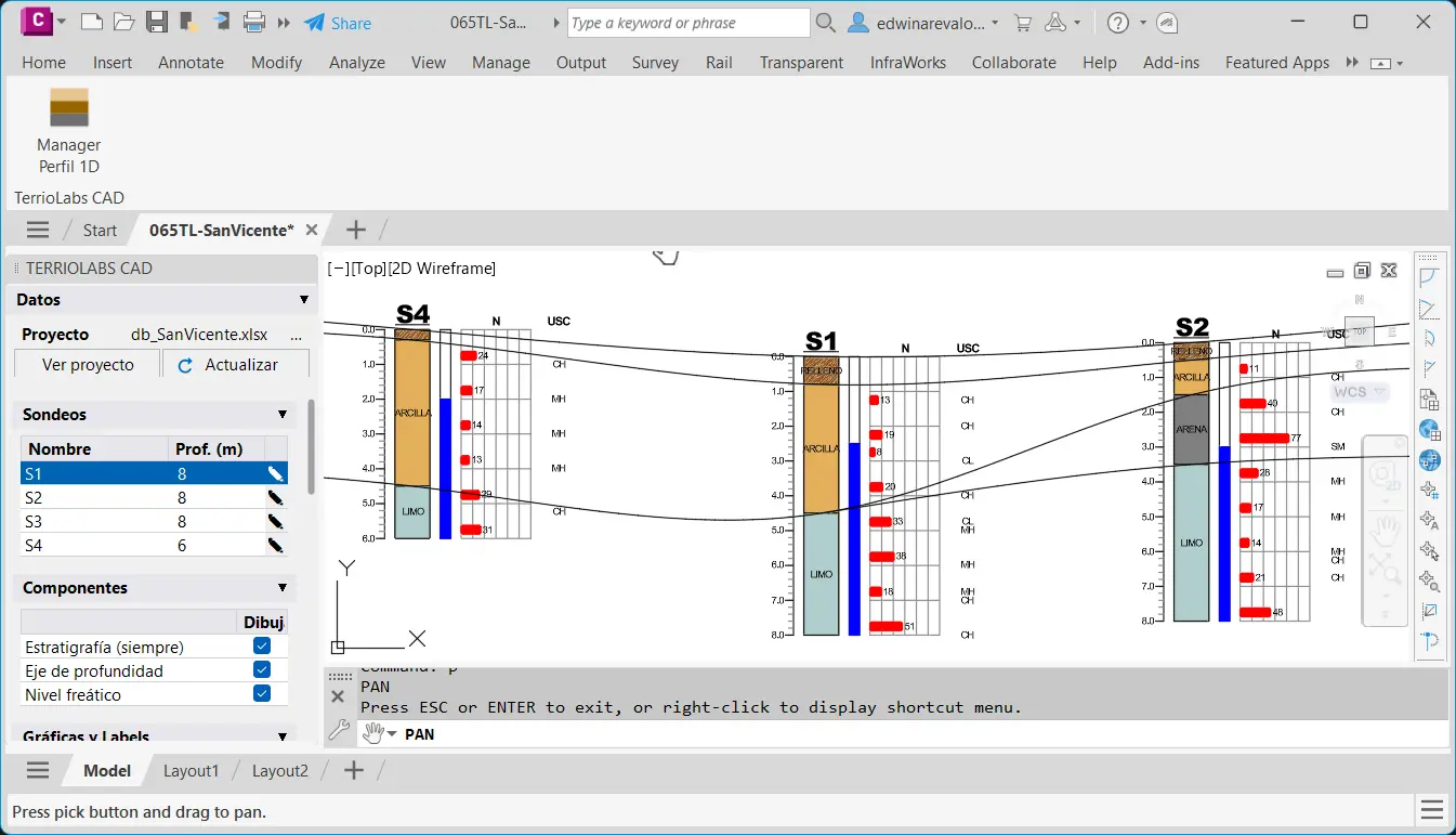 TerrioLabs 1D en AutoCAD — perfil estratigráfico con paleta acoplable